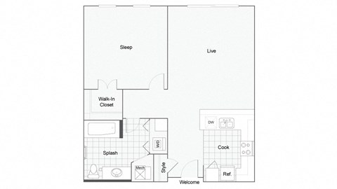 1 bedroom 1 bathroom Floor plan D at 1910 on Water, Wisconsin, 53202